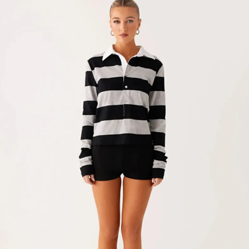 

Женские пуловеры в полоску, модные толстовки, повседневная зимне-осенняя футболка с длинными рукавами и лацканами на пуговицах спереди, повседневные топы, наряды