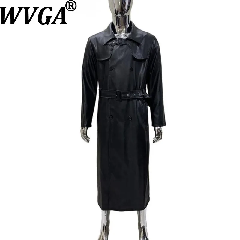 

WVGA Autumn Winter New Men Tide Belt Waist Slim Fit Turn-Down Collar Jacket Niche Chic Casual PU Leather Overcoat Ins Y2K W15420
