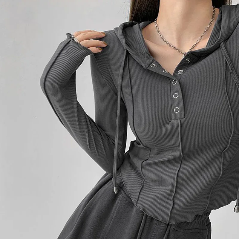 Rimocy Hooded Button Up Crop Top Women Autumn Winter Slim Fit Long Sleeve Y2K Top Woman Streetwear Wild Elastic T-Shirt Female