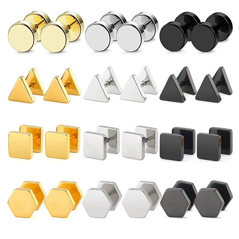 1Pair Creative Geometric Round Triangle Square Dumbbell Screw Stud Earrings For Men/Women Stainless Steel Punk Jewelry