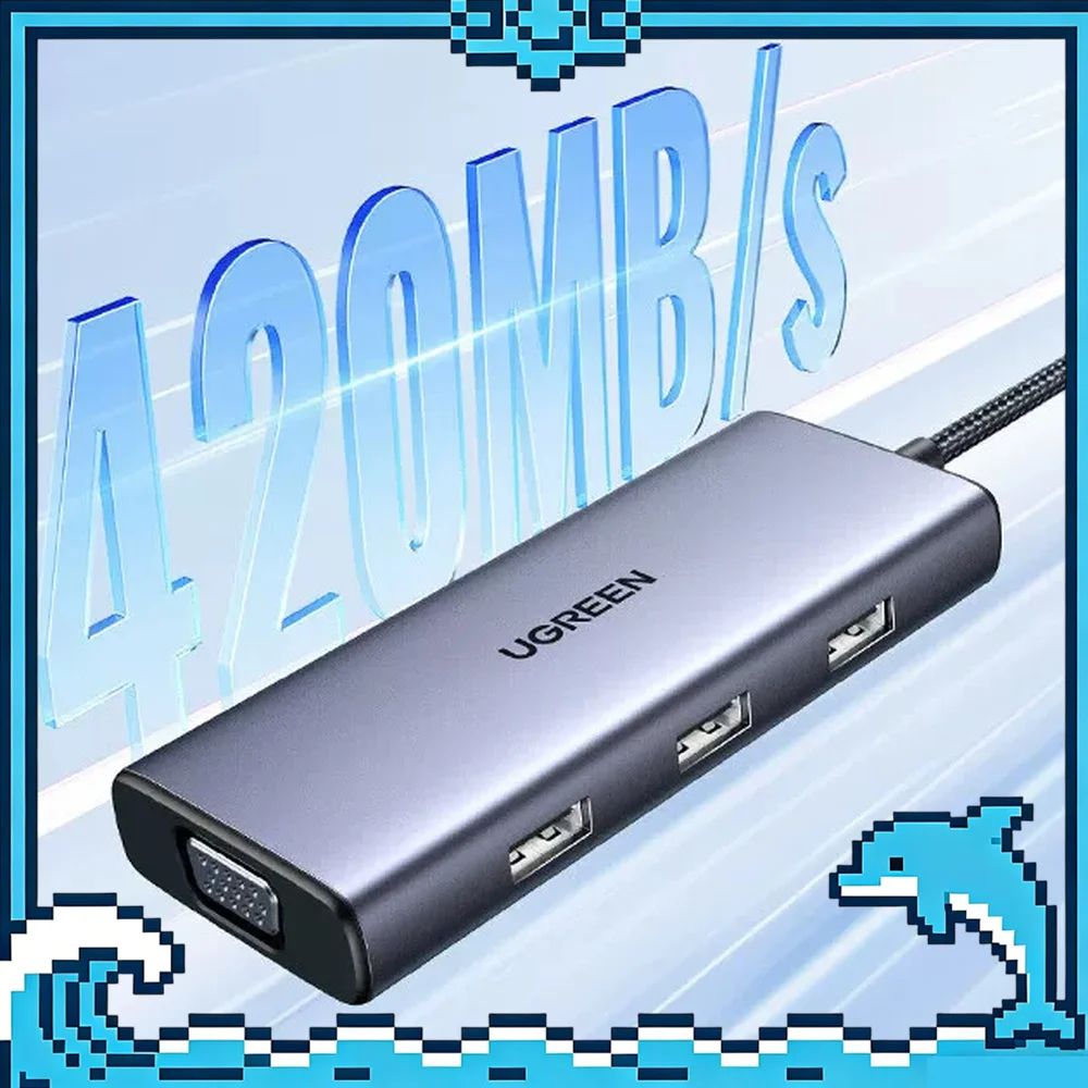 UGREEN CM498 25037 6-in-1 USB-C Hub, 4K HDMI, VGA, 3 USB 3.0 Ports, 100W PD, Dual Display Adapter