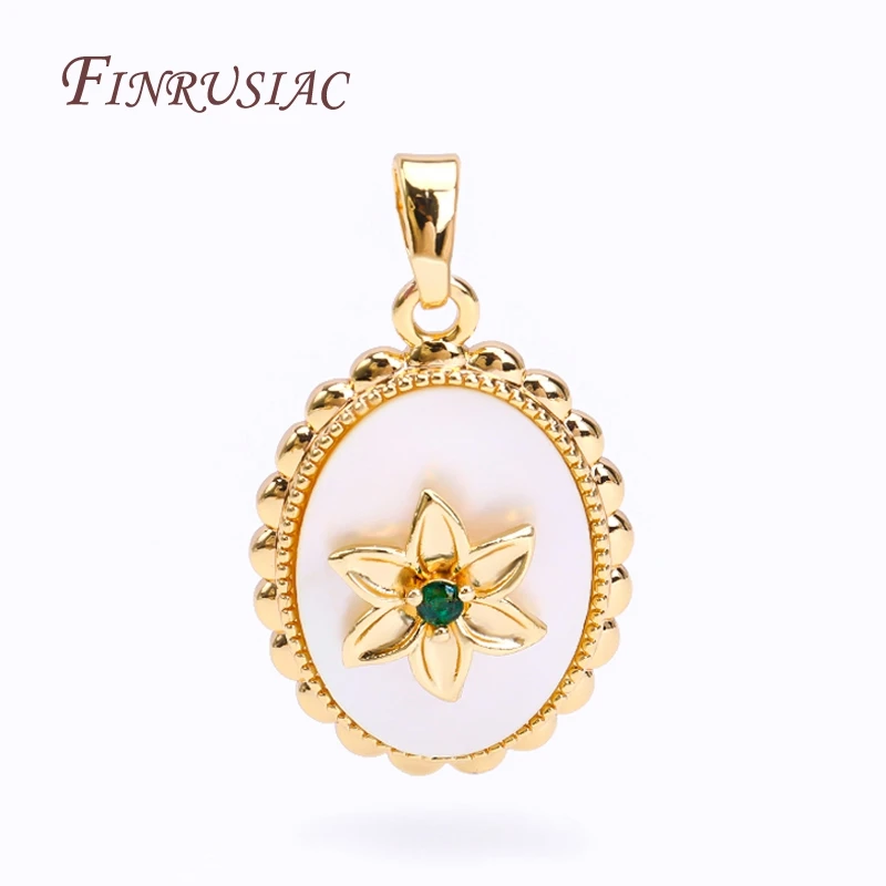 18K Real Gold Plated Oval Natural Shell with Flower Design Pendant For Necklace Making,Wholesale Pendants Charms DIY Jewelry