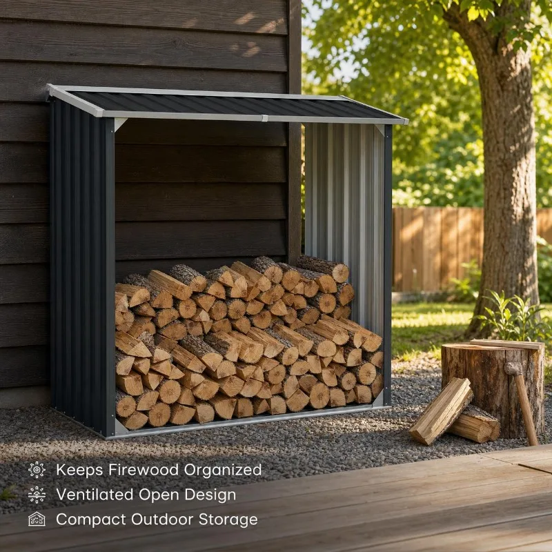 Abri de rangement pour bûches anthracite en acier galvanisé 172×91×154 cm. Toit incliné pour l'évacuation de l'eau de pluie, caillebotis surélevés pour sécher le bois, structure renforcée stable et simple à assembler.
