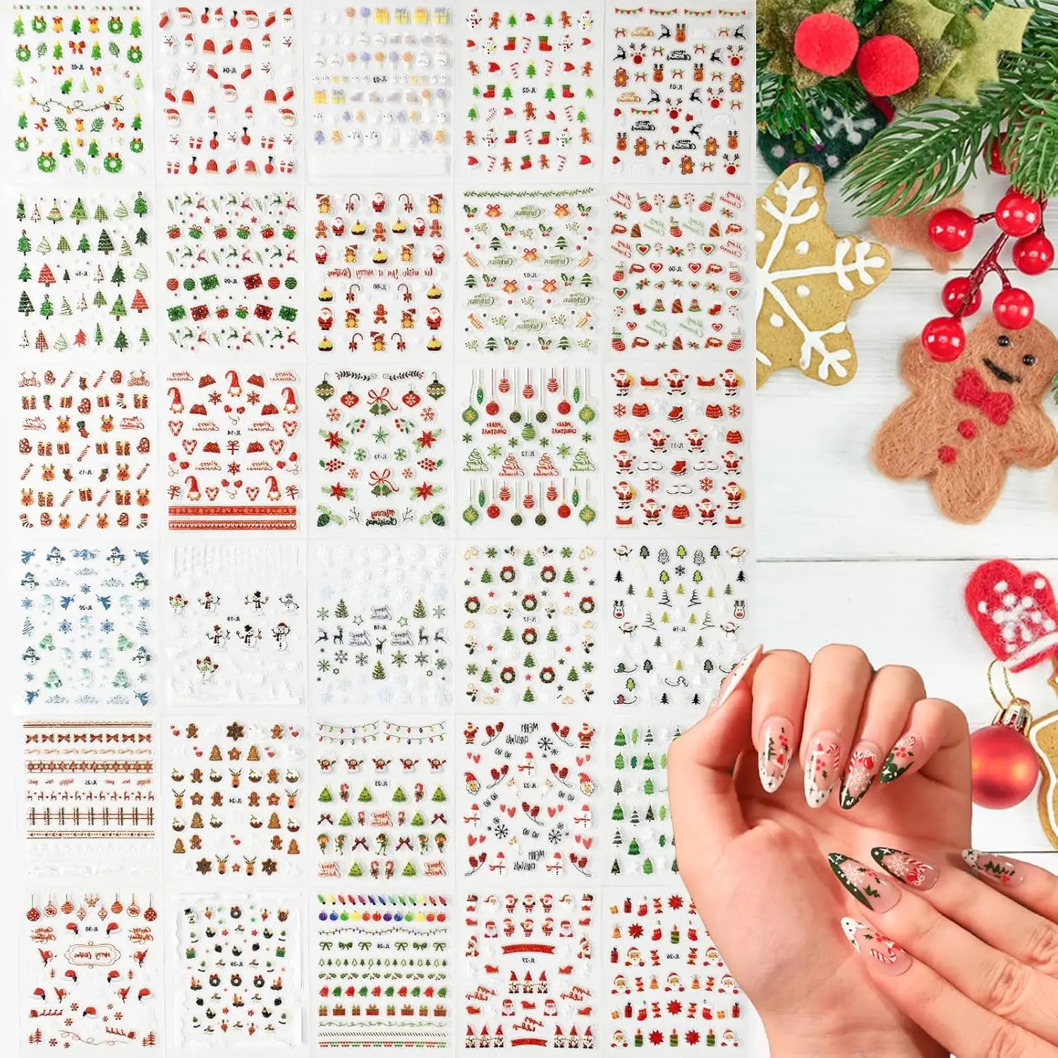 30 stk/set 3D Kerst Nail Art Sticker Gemengde Sneeuwpop/Sneeuwvlok/Pijnboom/ELK zelfklevende Nail Decal Kleurrijke Kawaii Xmas Nail Slide