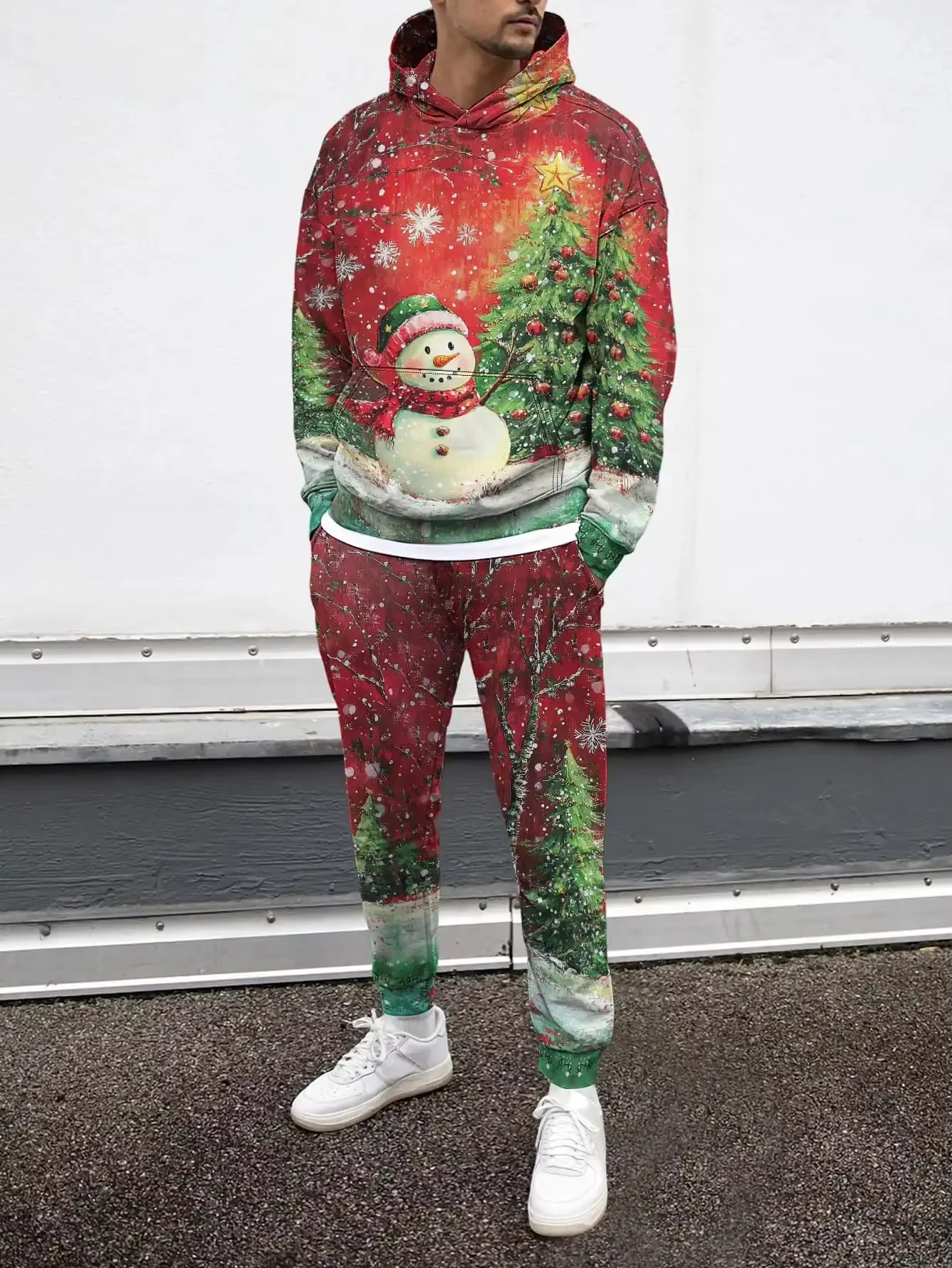 

Новая рождественская толстовка с 3D принтом Санта-Клауса + брюки, комплект из двух предметов для мужчин и женщин, модный спортивный костюм из 2 предметов со снежинками, рождественская елка