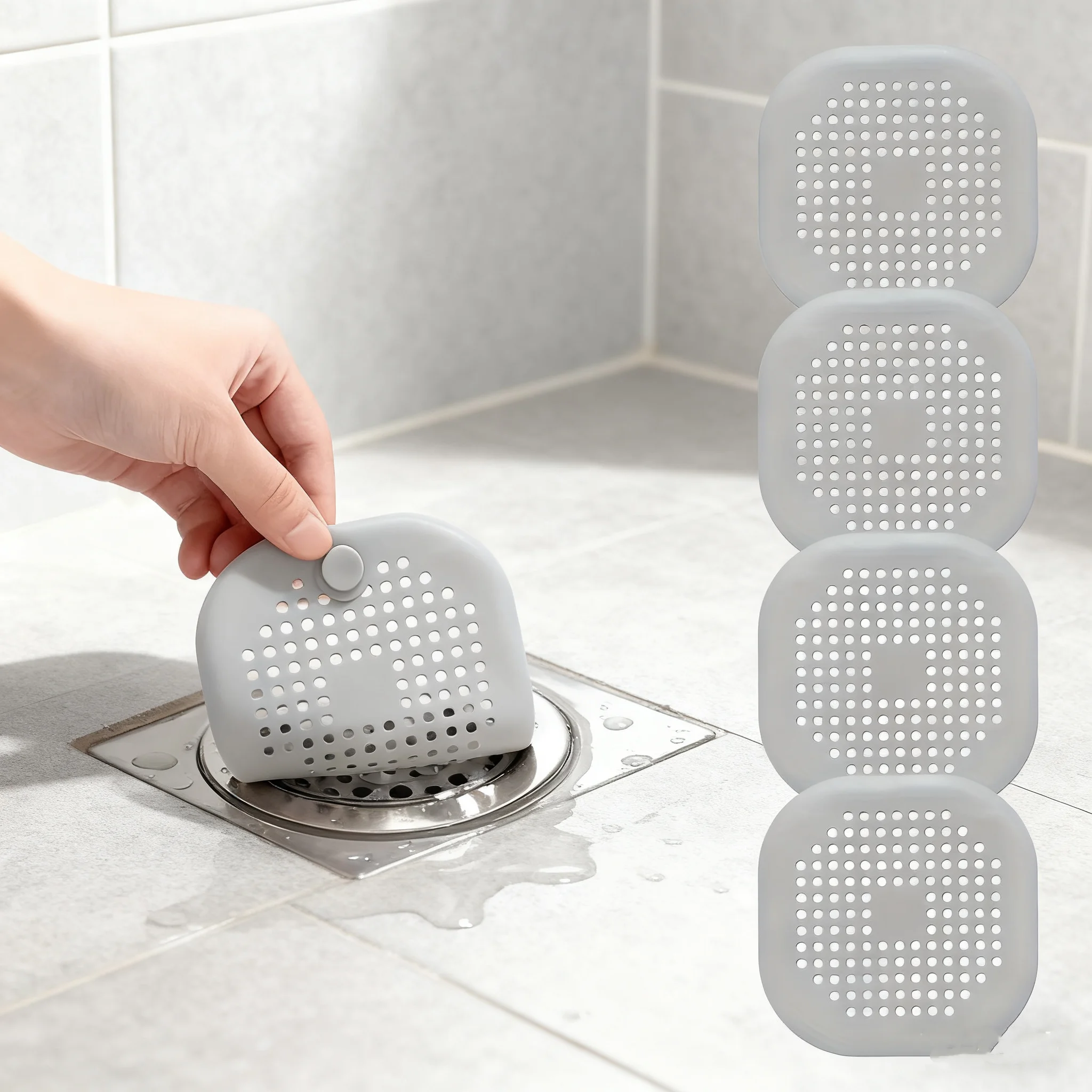 8Pcs Gray Silicone Drain Sticker Hair Filter Anti-Clogging Gadget for Bathroom with Suction Cup, Easy to Clean, Reusable, Essential Home Drain Filter Net