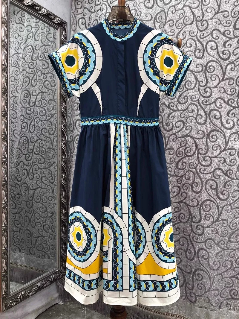 

2024 Summer Fashion Style Dress High Quality Cotton Women Vintage Prints Short Sleeve Mid-Calf Length Dark Blue Dress Gorgeous