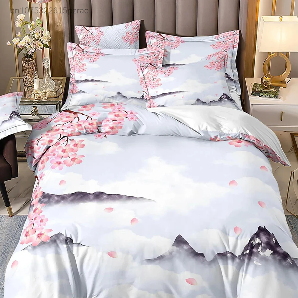 Japanese-Style Duvet Cover Cherry Bedding Set  Ukiyo-e Theme Wave Pattern Quilt Cover Mountain Exotic Style