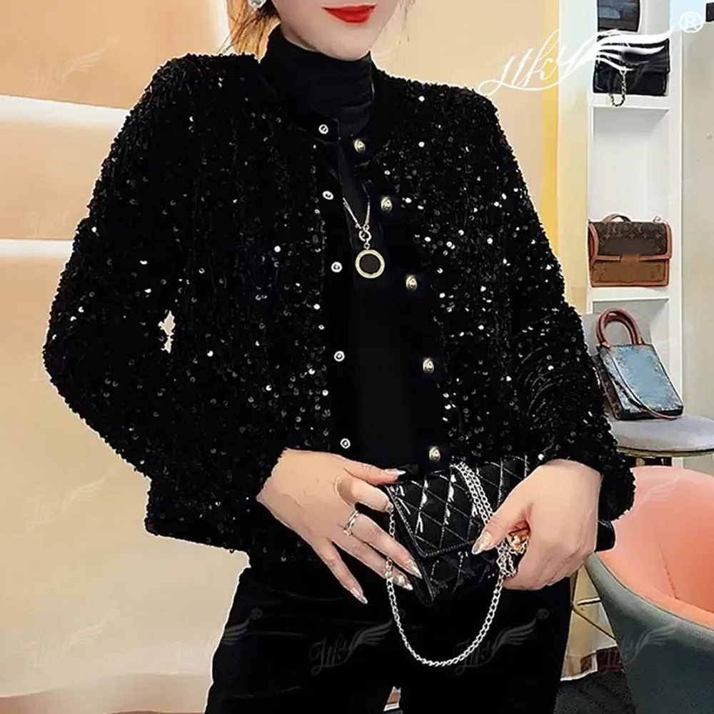 Elegant Sequin Jackets For Women Long Sleeve Party Coat Fashion O-neck Female Clothing Casual Shinny Single Breasted Outerwear