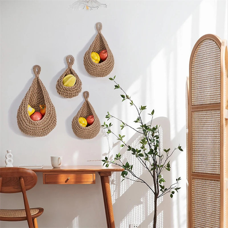 1PC Hand-woven Basket Wall Kitchen Hanging Net Pocket Cotton Rope Water Drop Fruit Vegetable Storage Basket Home Organizer Tools