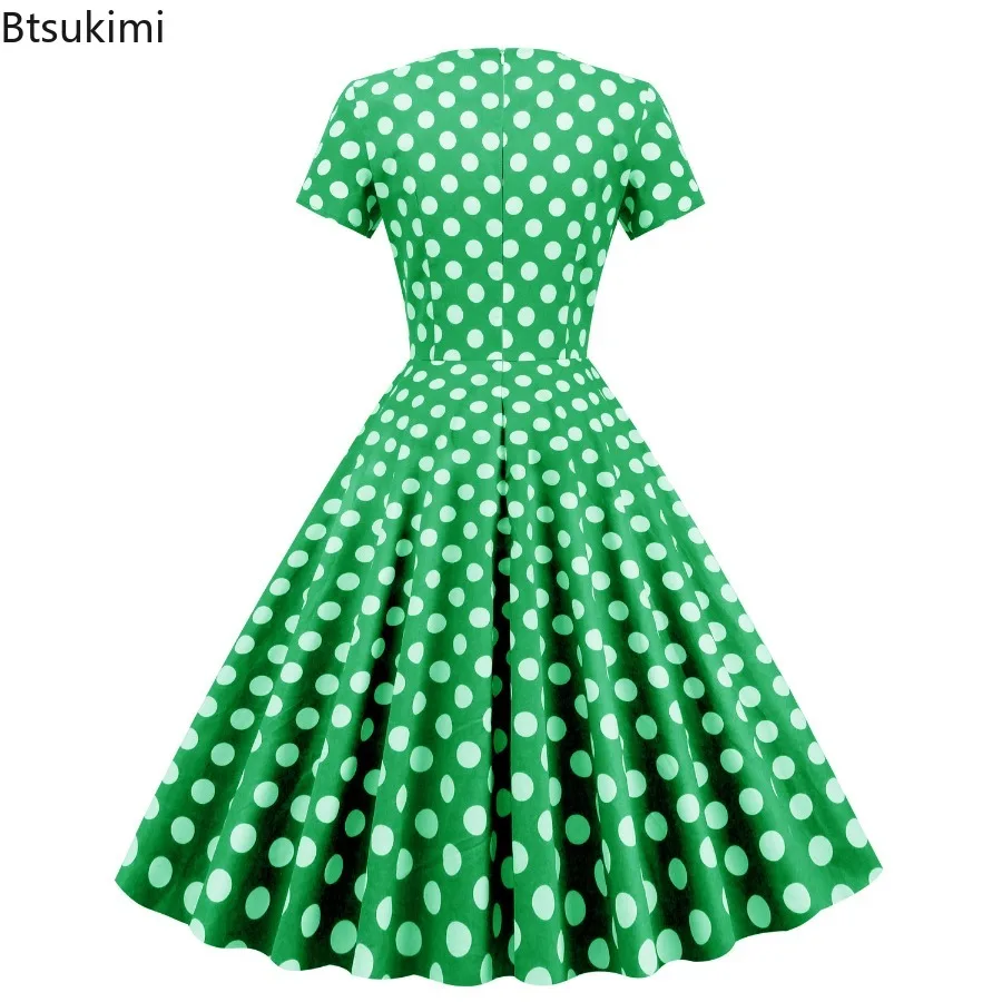 Robe Vintage à pois pour femmes, col asymétrique, grande jupe, manches courtes, coupe cintrée, couleur unie, rétro, été