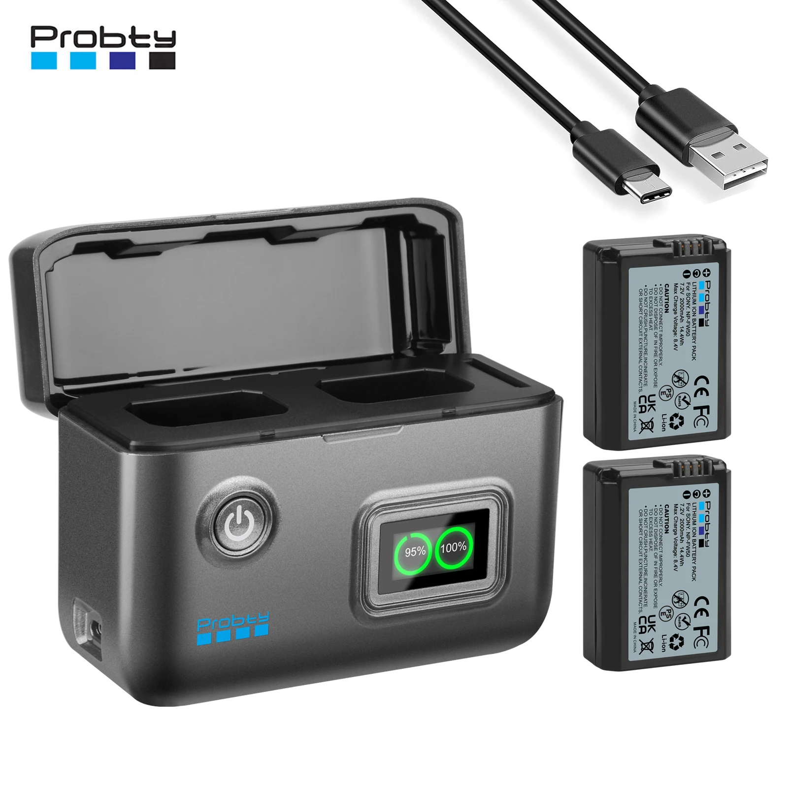 Probty NP-FW50 Battery And Fast Charger For Sony ZV-E10, A7, A7R, A7RII, A7II, A7SII, A7S, A3000, A5000, A6000, A6300, A6400