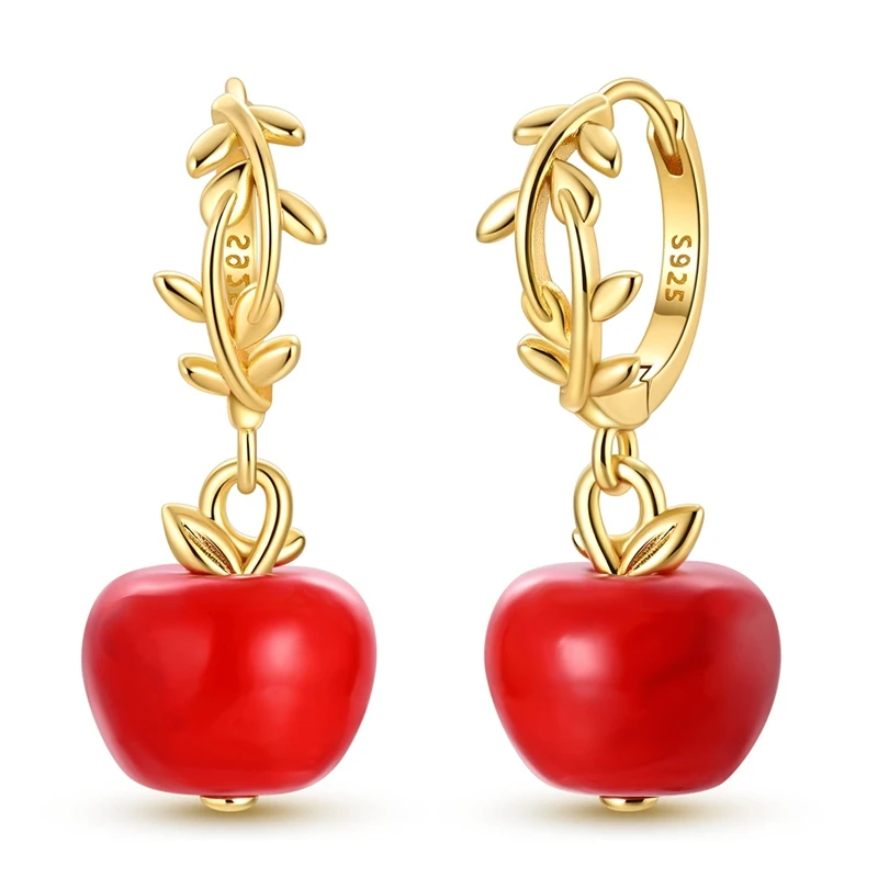 S925 Sterling Silver Red Apple Dangle Huggie Hoop Earrings Fruit Drop Earring Good Luck & Peace Blessing Fashion Jewelry Gift
