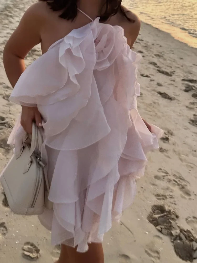 

2025 Women Stacked Ruffle Mini Dress Sexy Sleeveless Backless Lace Up Halter Short Dresses Summer Lady Solid Beach Vestido