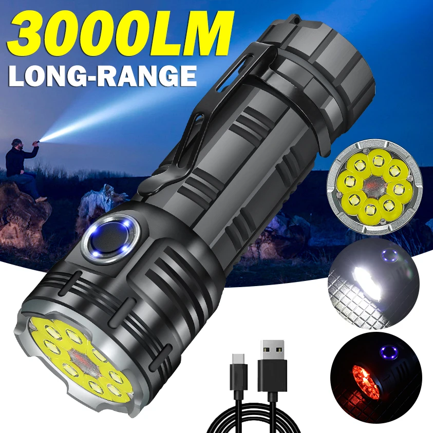 3000LM Ultra Bright 8 LED Flashlight Use 26650 Battery Rechargable Torch Multifunctional Outdoor Fishing Camping Lantern 8Modes