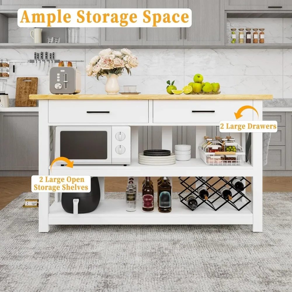 جزيرة مطبخ من الخشب المطاطي الصلب مع منافذ طاقة - سطح عمل كبير جدًا وأدراج وأرفف مفتوحة #4