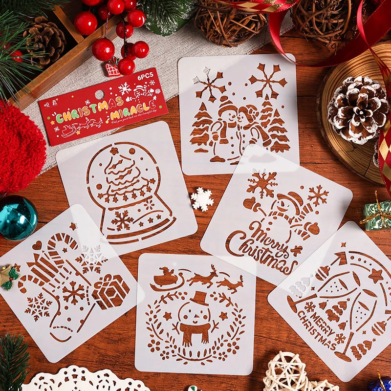 6Pcs Christmas Decorative Pattern Hollow Spray/hand Painting DIY Scratch Painting Template Journal Painting Drawing Tool