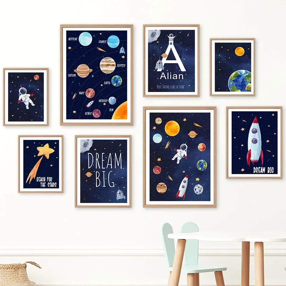 1pc Canvas painting  Custom Name Kids Room Decorative Wall Art Prints Space Astronaut Interior Poster Baby Canvas Decoration Wal