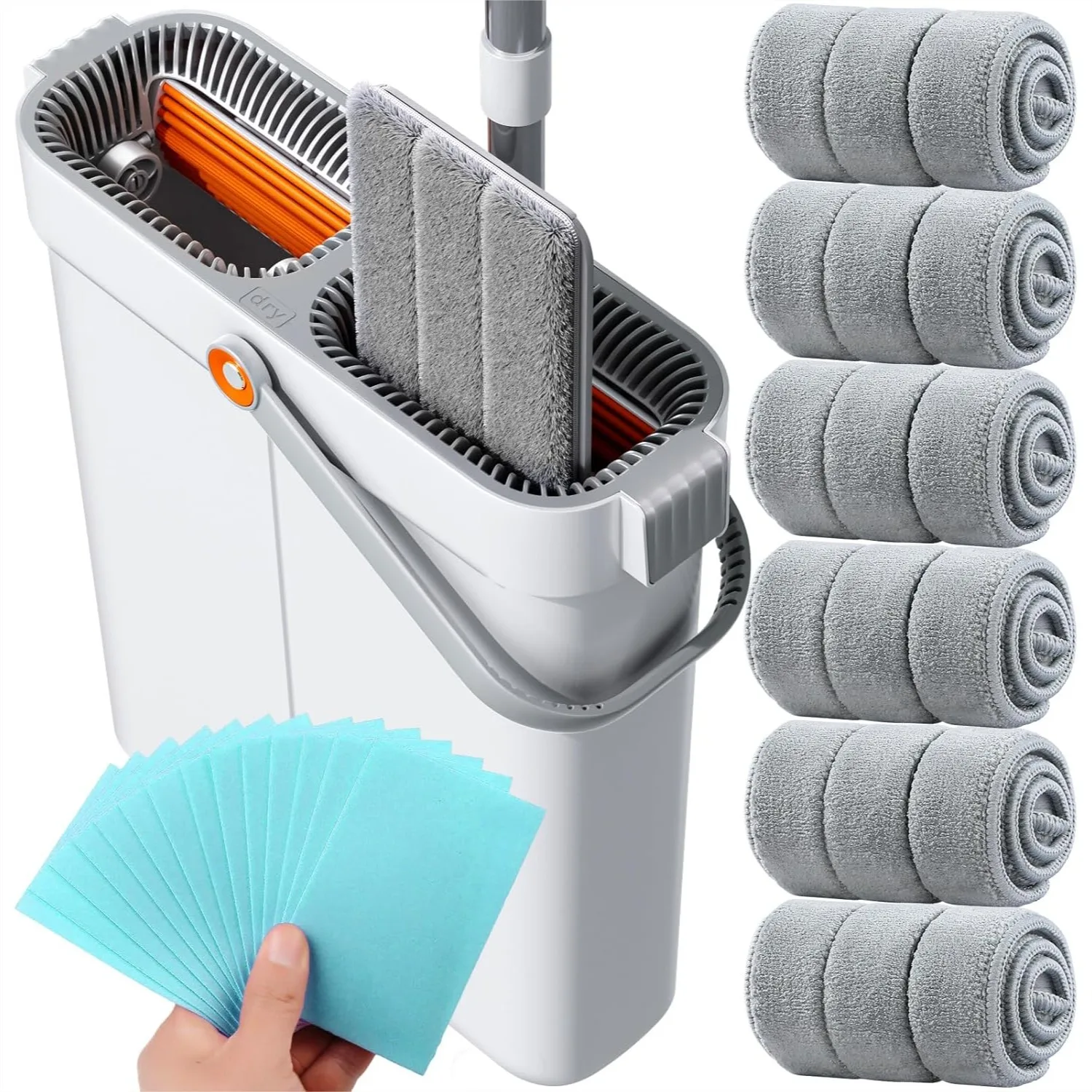 

15.7" Flat Mop and Bucket Set with Wringer, 6 Reusable Microfiber Pads for Hardwood Tile Wall & Window Cleaning