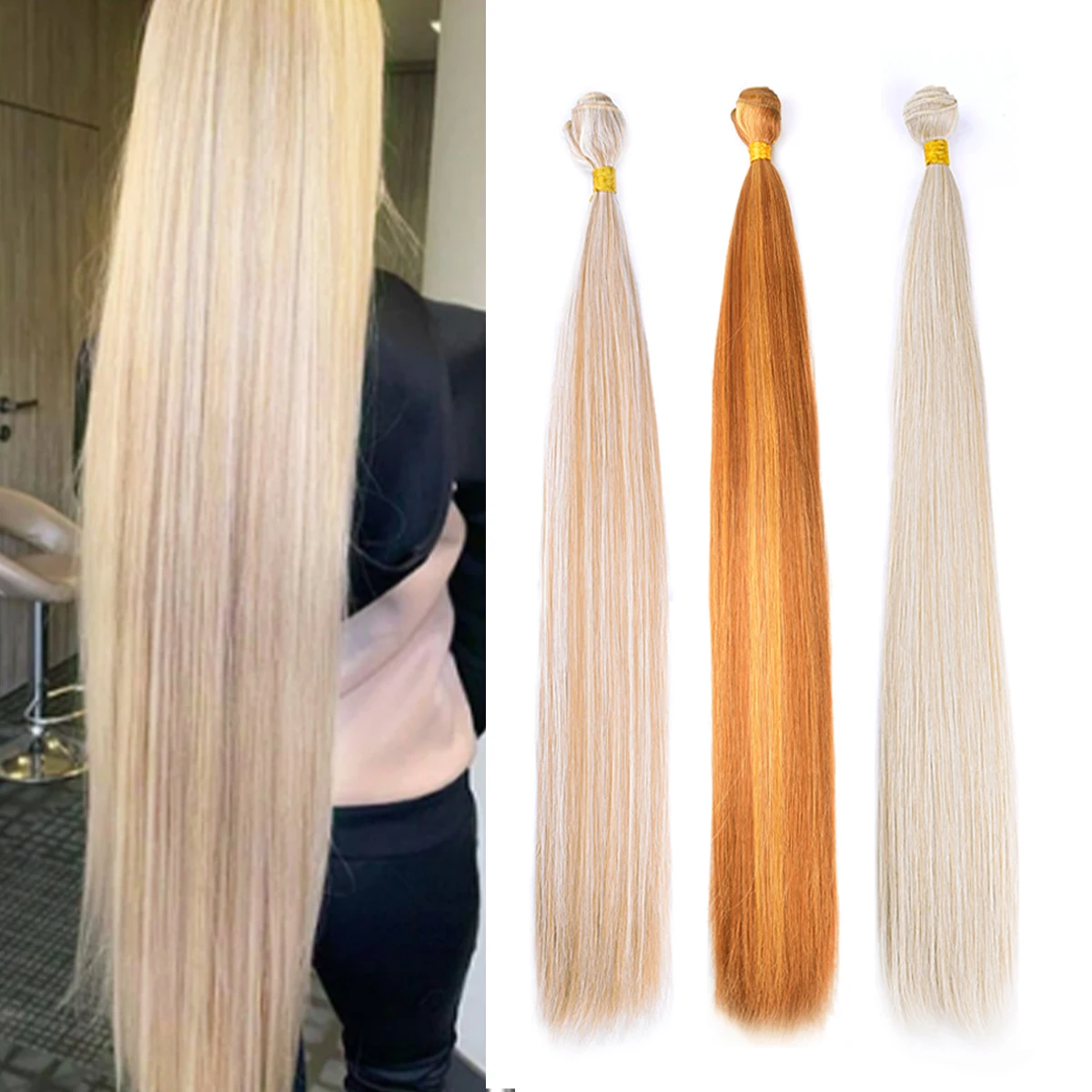 Straight Hair Extensions Hittebestendige Synthetische Haarbundels Kleurrijke Hoge Temperatuur Cosplay Bruin Blond Haar Voor Vrouwen