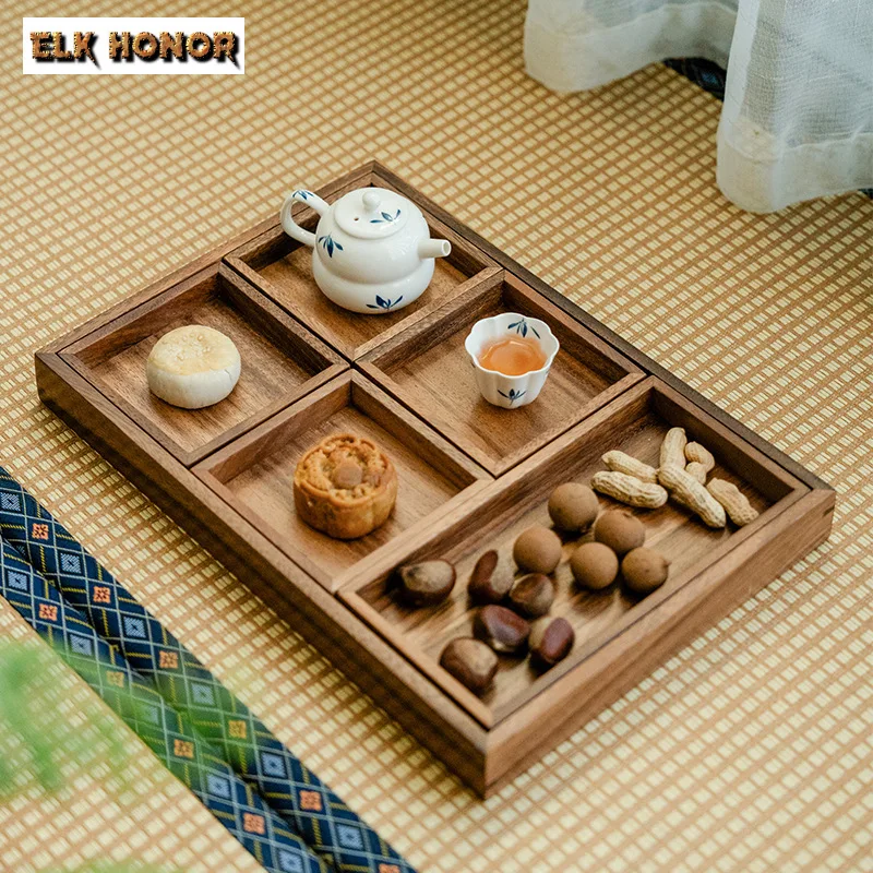 

Chinese Walnut Wood Multi-square Tea Tray Snack Fruit Plate Melon Strawberry Tray Home Living Room Tea Tray Kung Fu Tea Ceremony