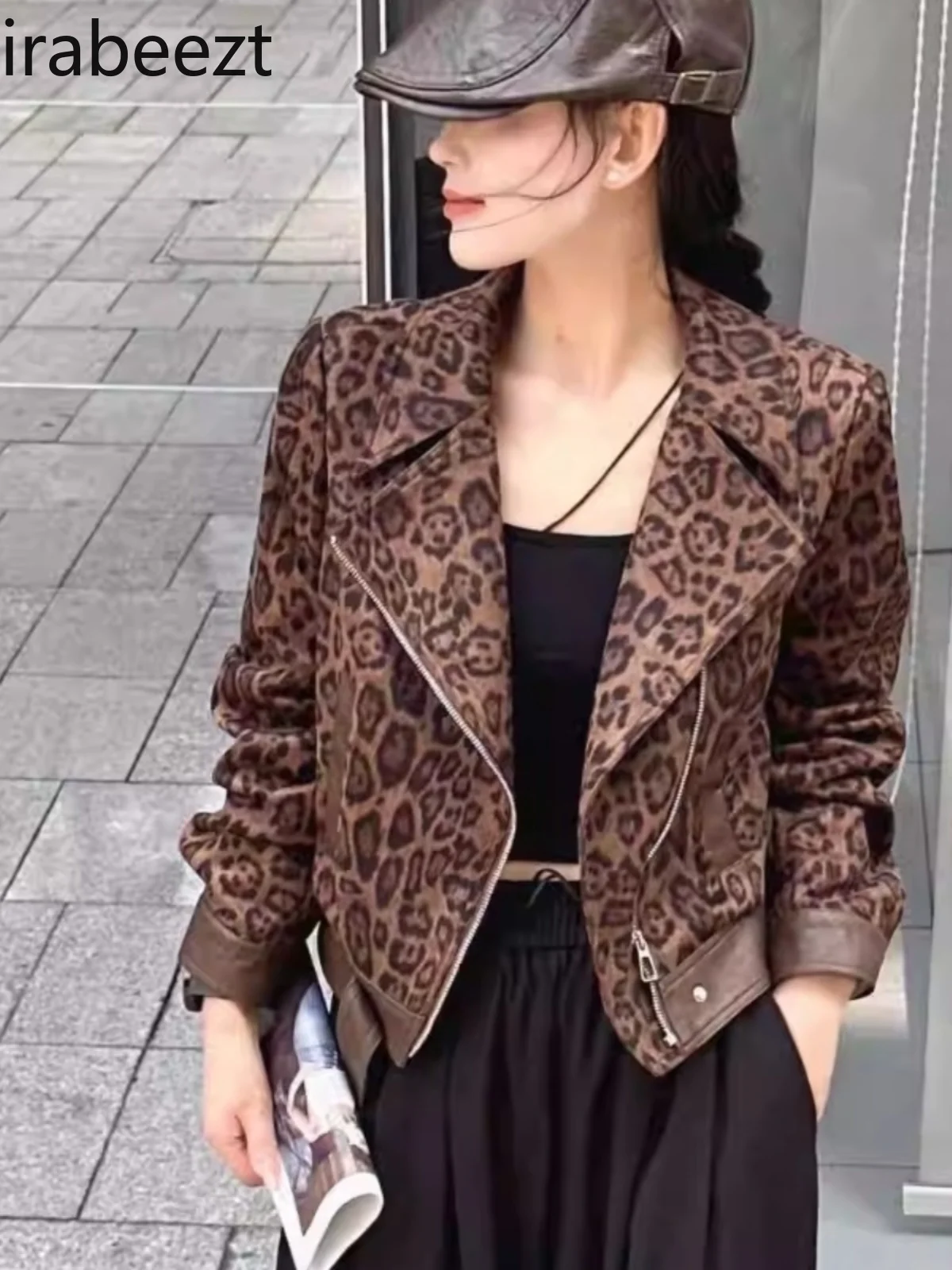 Vintage Niche Lapel Long-sleeved Leopard Print Coat Women's New Autumn Design Loose Zipper Jacket Top Chaquetas Para Mujer