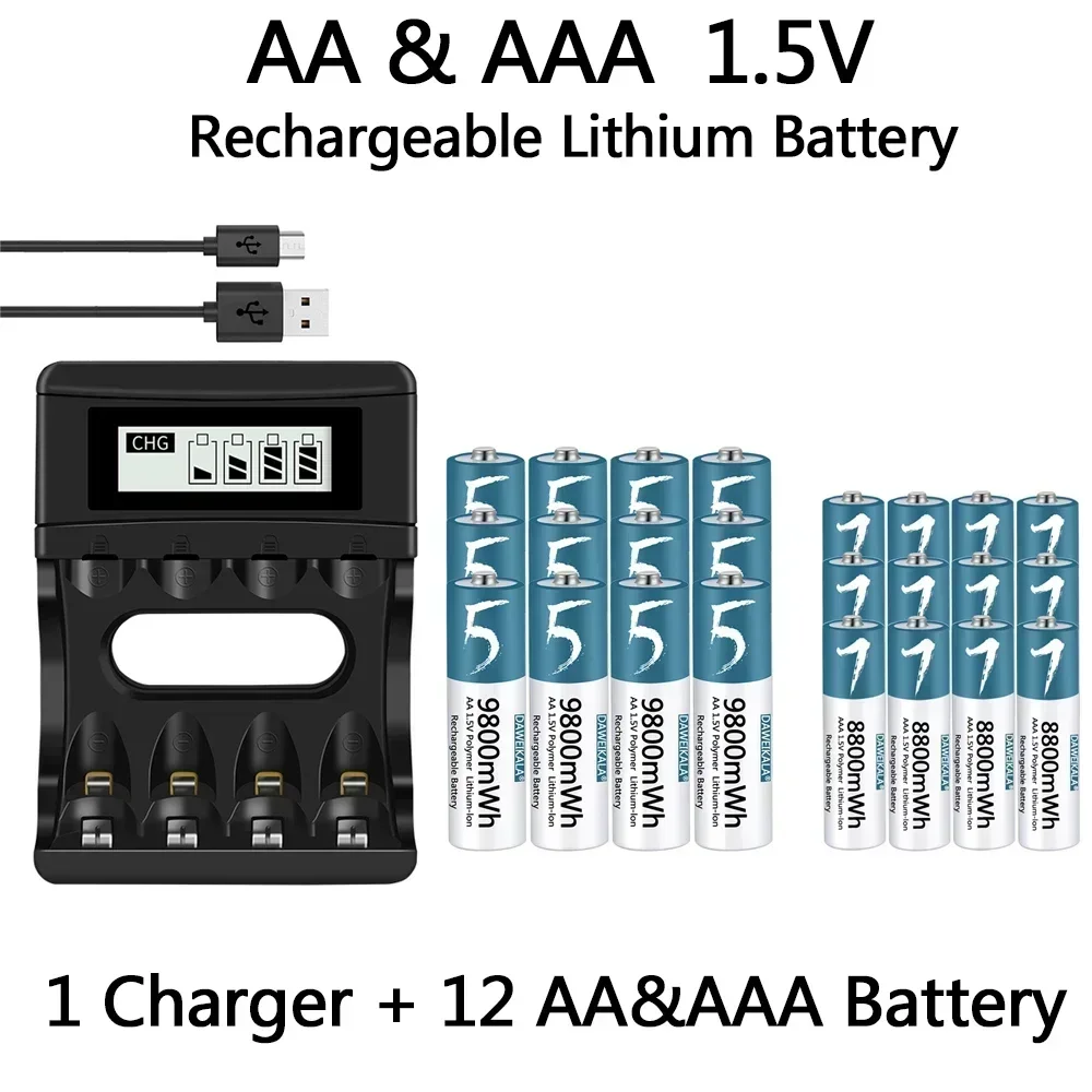 100% Original AA AAA Battery 1.5V Rechargeable Polymer Lithium-ion Battery 1.5V AA/AAA Battery with USB charger