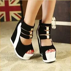 2020Woman Shoes Summer Genuine Women Platform Thick Soles Sandals Wedges High Heel 14cm Peep Toe Mixed Colors Sexy Shoes