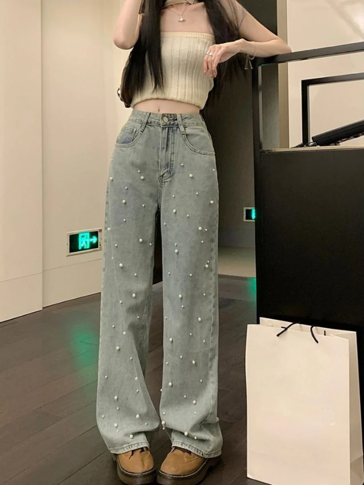 2026 Summer Women's Pearl Denim Pants Y2k Baggy High Waist Wide Leg Trousers Loose Vintage Streetwear Floor Length
