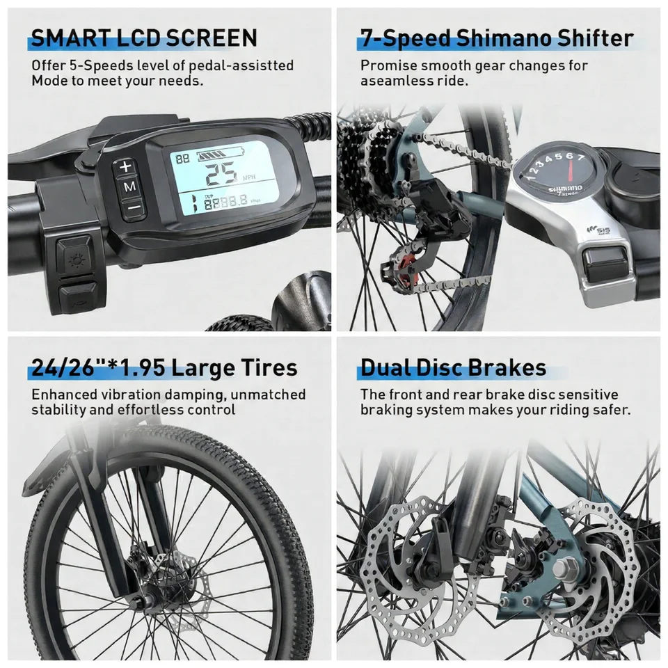 Electric Bike for Adults, 540W Peak Mountain Ebike with 25 MPH, 40 Miles Range, 7 Speed, 36V 10.4Ah Battery Ebike, 24''/26" Electric Bicycle for Commute image 11
