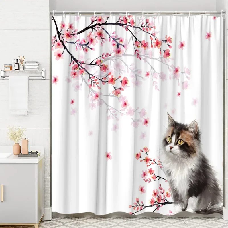 Japanese Shower Curtain, Traditional Ink Painting Cherry Blossom Mountain Butterfly Bird Cat Red Sun Boat Bathroom Decoration