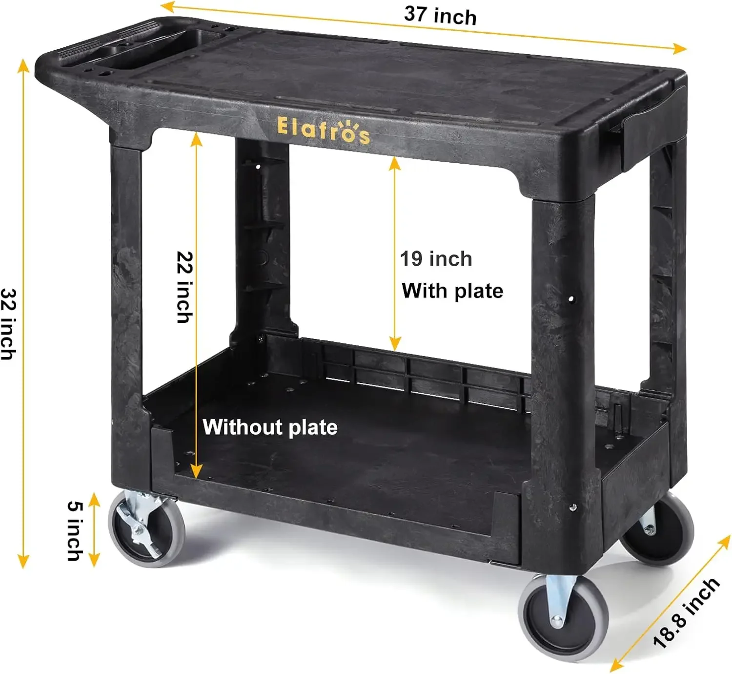 Heavy Duty Plastic Utility Cart, 37 x 18.8 in, Flat Top, Swivel Wheels, 550 lbs Capacity, Black