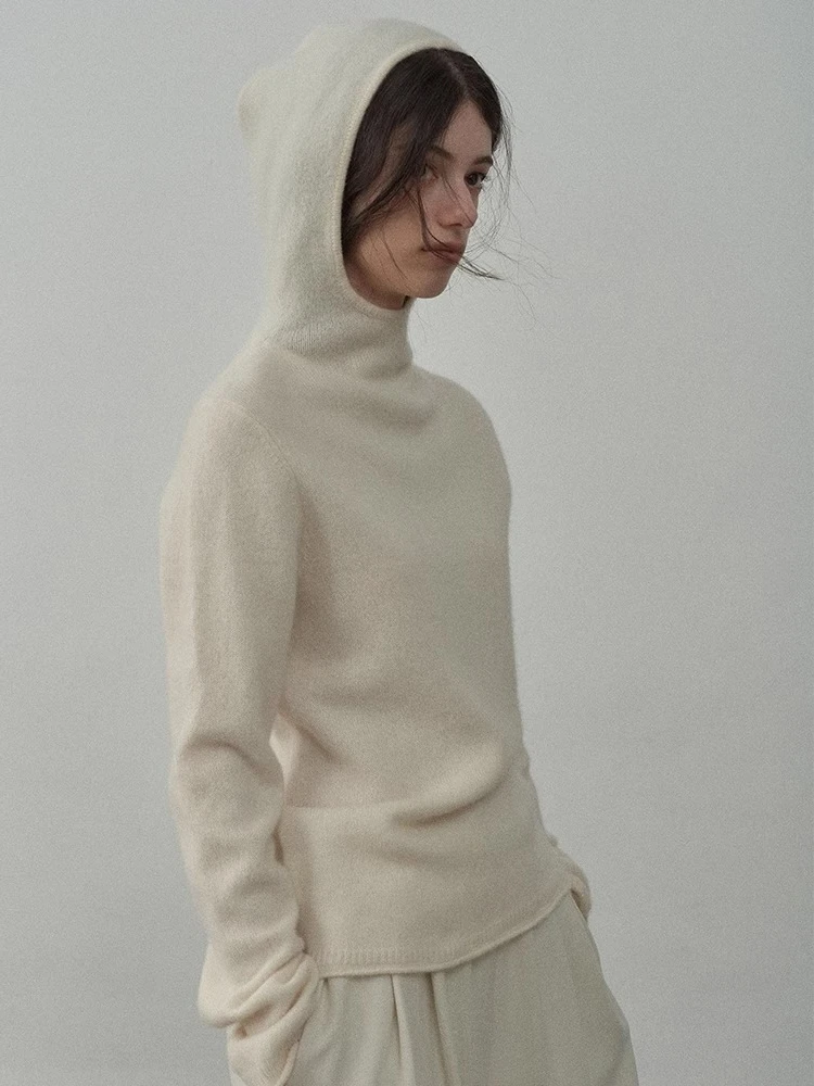 

French White Wool Hooded Knitted Sweater For Women In Autumn And Winter, Loose And Lazy Soft And Sticky Sweater Top