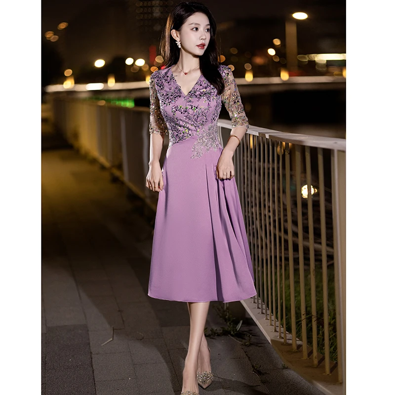 

Элегантное фиолетовое платье для матери невесты в молодежном стиле, роскошное, простое, высококачественное, для свадебных торжеств, для женщин