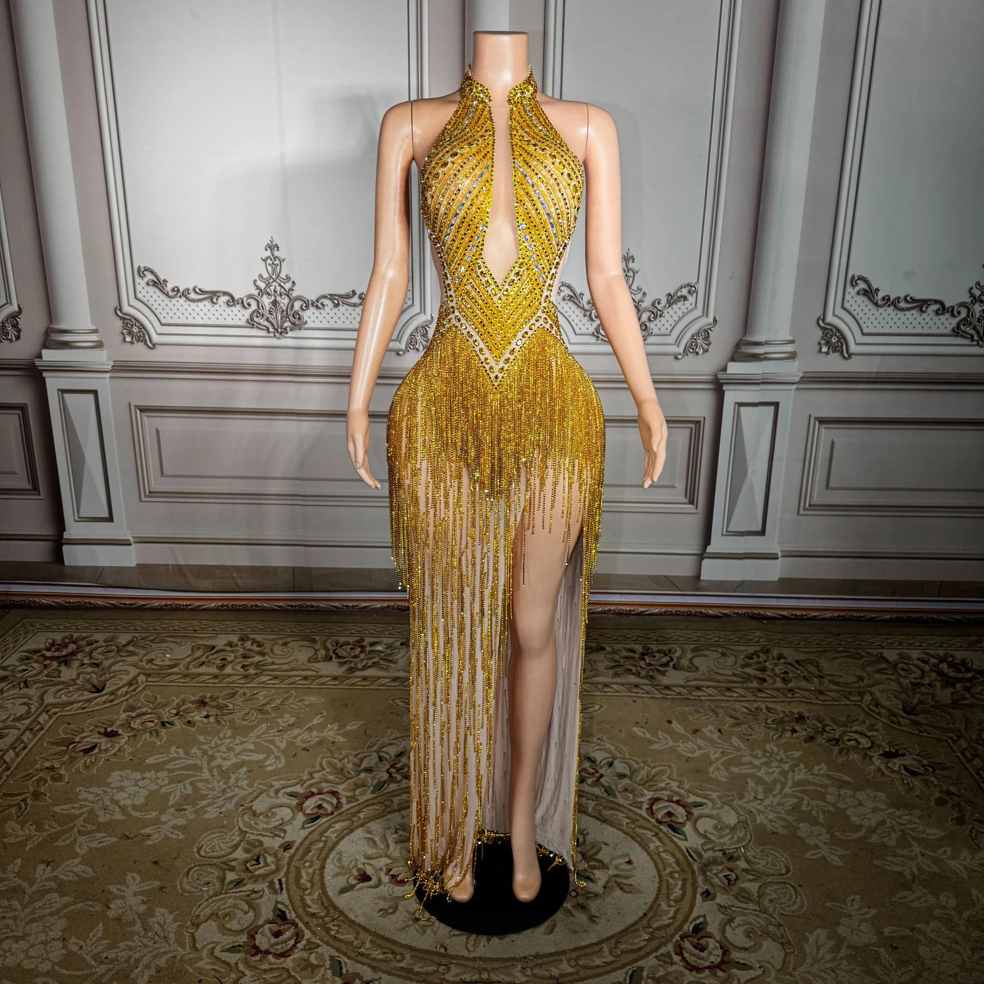 Yellow Tassel Brilliant Hollow Out Diamond Elegant Dresses Women Sexy Dresses for Club Two Piece Skirt Set Women