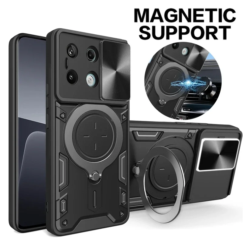 Armor Magnet Ring Stand Case For Xiaomi Poco X6 Pro 5G Slide Camera Funda For Pocox6pro Poko Little X6pro X 6 Pro 6X Back Cover