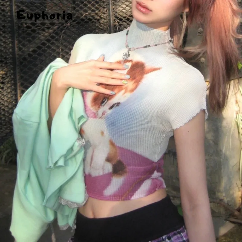 نشوة خمر تصميم جديد تمتد تي شيرت التباين كيتي طباعة المحاصيل الأعلى Gyaru 2025 الصيف س الرقبة تيز عادية E-girl القمم