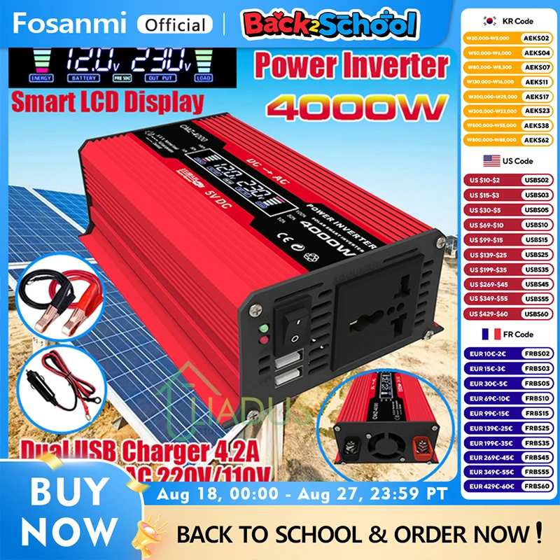 

Солнечный инвертор с ЖК-дисплеем, двойной USB-порт для зарядки, автомобильный инвертор, мобильный телефон, ноутбук, от 12 В до 220 В, 3000–6000 Вт