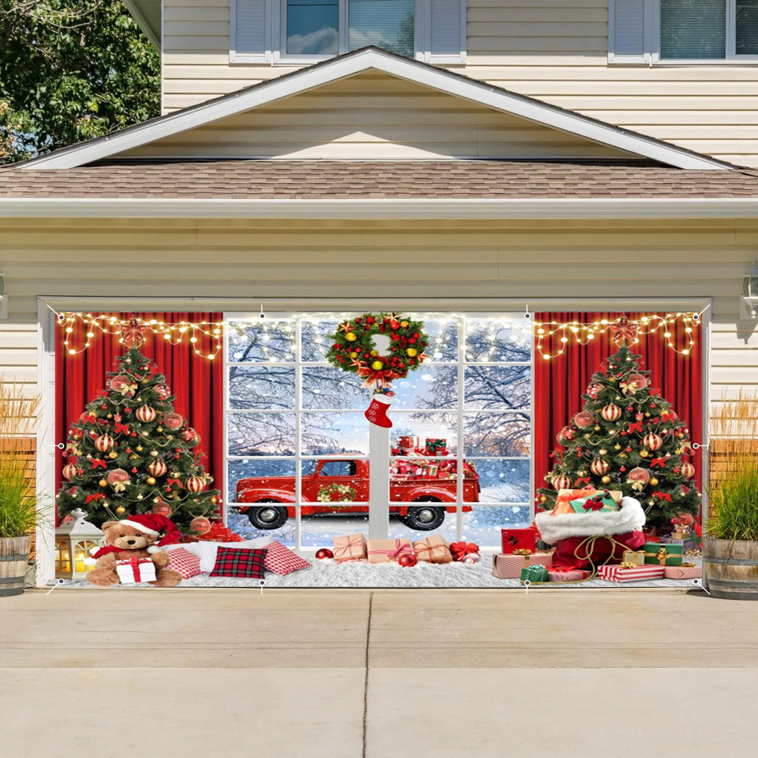 Christmas Window Garage Wall Background Winter Snow Red Truck Curtain Christmas Tree Garage Door Frame For Home Courtyard Decor