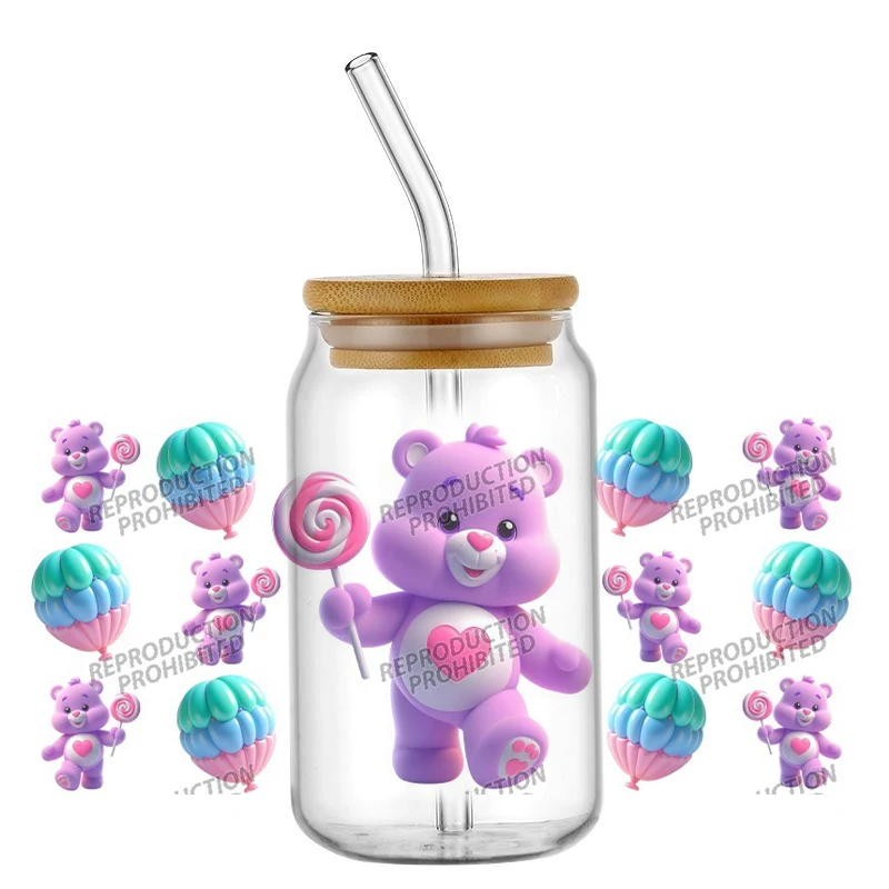 Hotsale Famous Lovely Cartoon Rainbow Bear 16oz UV DTF 3D Transfer Phone Sticker Decals Wraps Glass Can Cups Creative Craft DIY