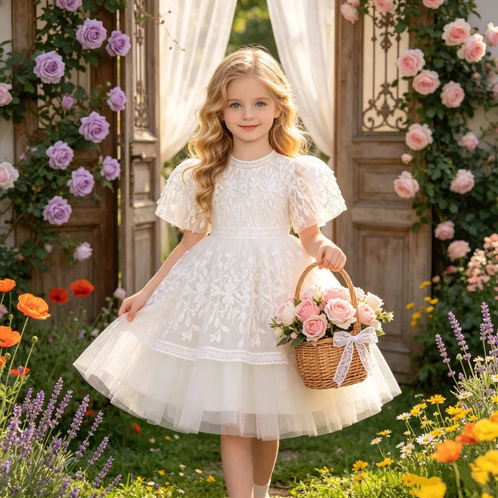 Formal Princess Dress for Girls Floral Details Fluffy Dress Suitable for Young Hosts Piano Recitals Flower Girls