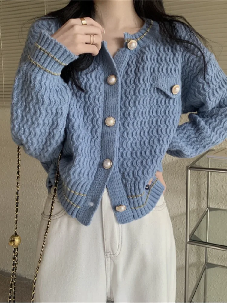 

Ladies Knitted Open Cardigan Autumn Winter Loose Lazy Style Sweater Single Button Short Coat Pearl Decorated Casual Commute F...
