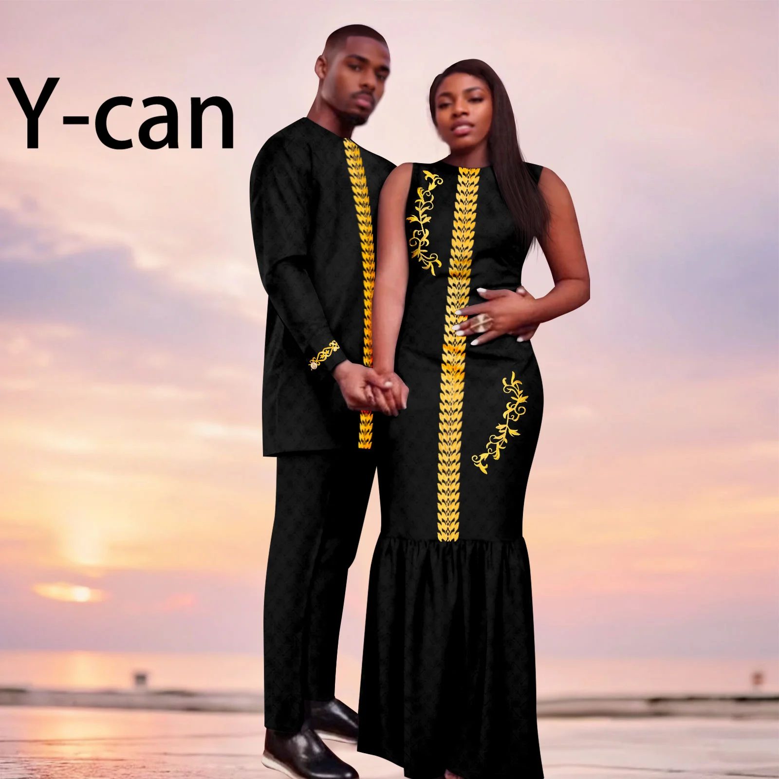 African Couple Clothing Sleeveless Women's Dress with Men's Suit Bazin Riche Attire Set for Wedding Luxury Couple Gown 24C046