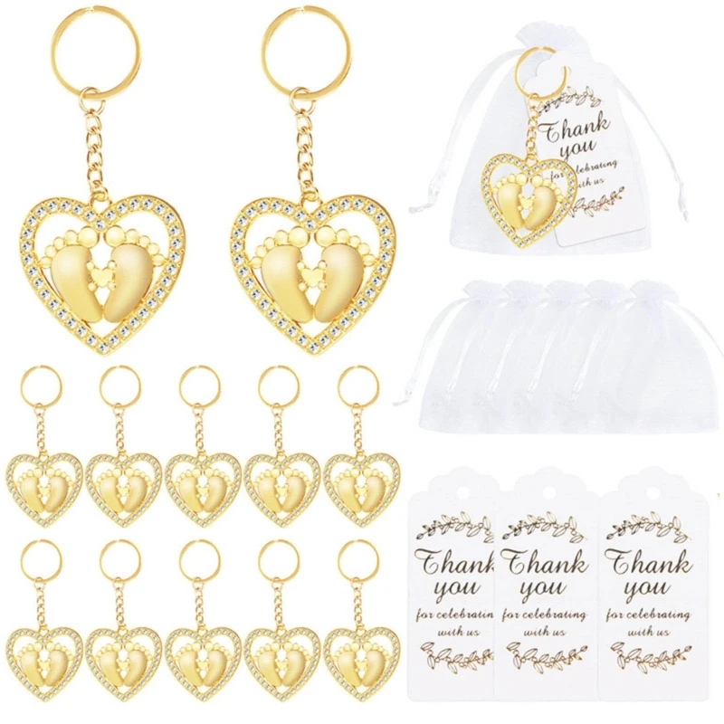 Pack of 12 Heart Foot Keychains Guest Return Gift for Weddings, Baby Showers, Bridal Showers with Organza Bags