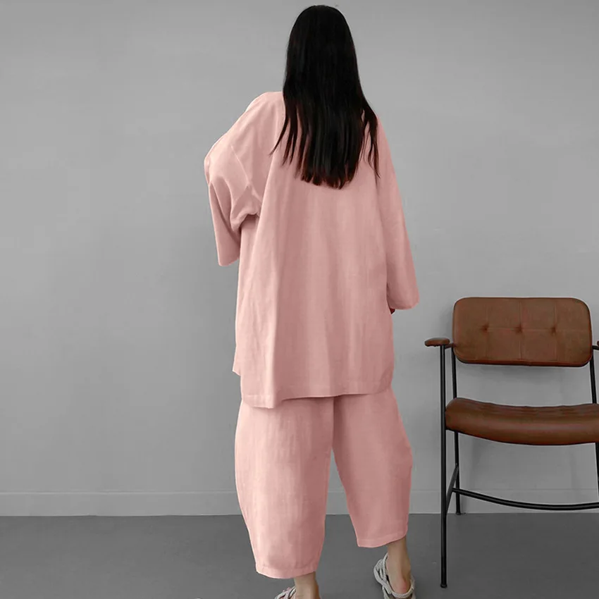 Autumn Womans Pajamas Loose Sleepwear Two-piece Set Flare Long Sleeved Cardigan + Pleated Wide Leg Pants Home Suit Female Casual