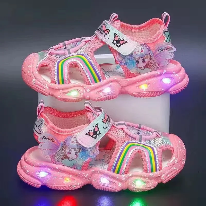 Summer Baby Girls LED Light Sandals Cartoon Frozen Elsa Print Children Closed Toe Orthopedic Kids Slipper Sport Soft Beach Shoes