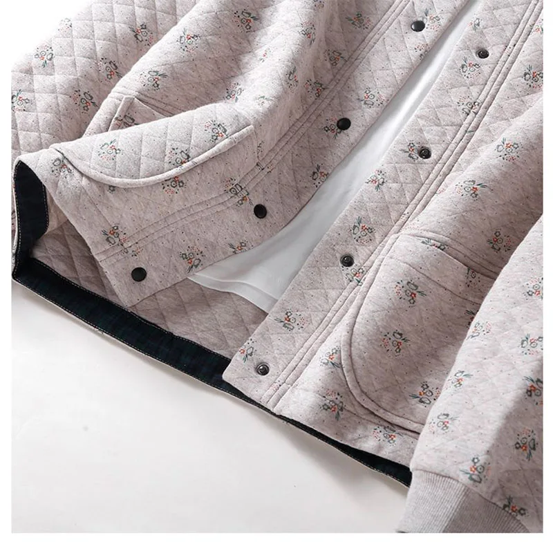 Damen Neue Herbst Und Winter Warme Baumwolle Gefütterte Jacke Mantel Blumenmuster Baumwolle Single-Breas Tasche Rundhals Uniform mantel
