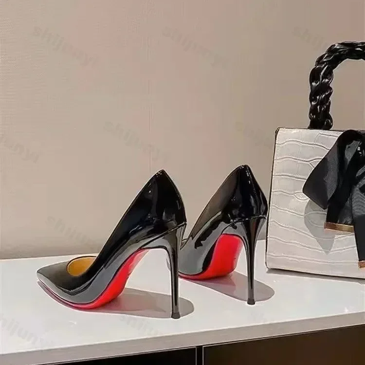 

2025 Black Patent Leather Pointed Red Rubber Sole Women's High Heels Party Shoes Sexy Women's Dress Size 42