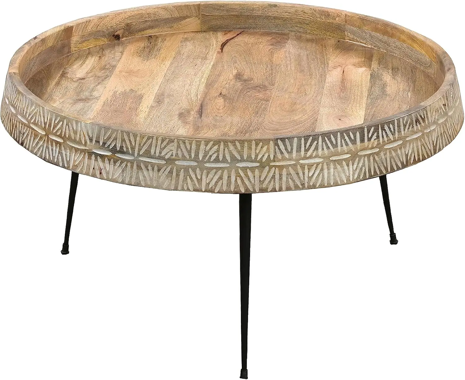 

29 Inch Modern Handcrafted Round Coffee Table, Natural Wood Top with Carved Edge, Iron Legs, Brown, Black and Whi