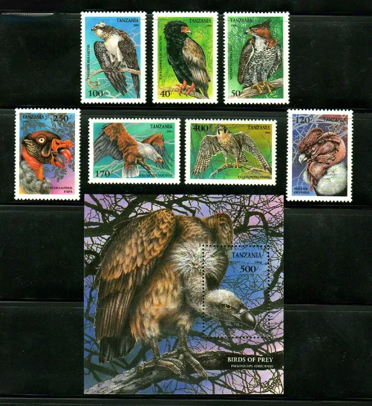 7 PCS+1, Tanzania, 1994, Bird Stamps, Real Original Post Stamp for Collection, MNH